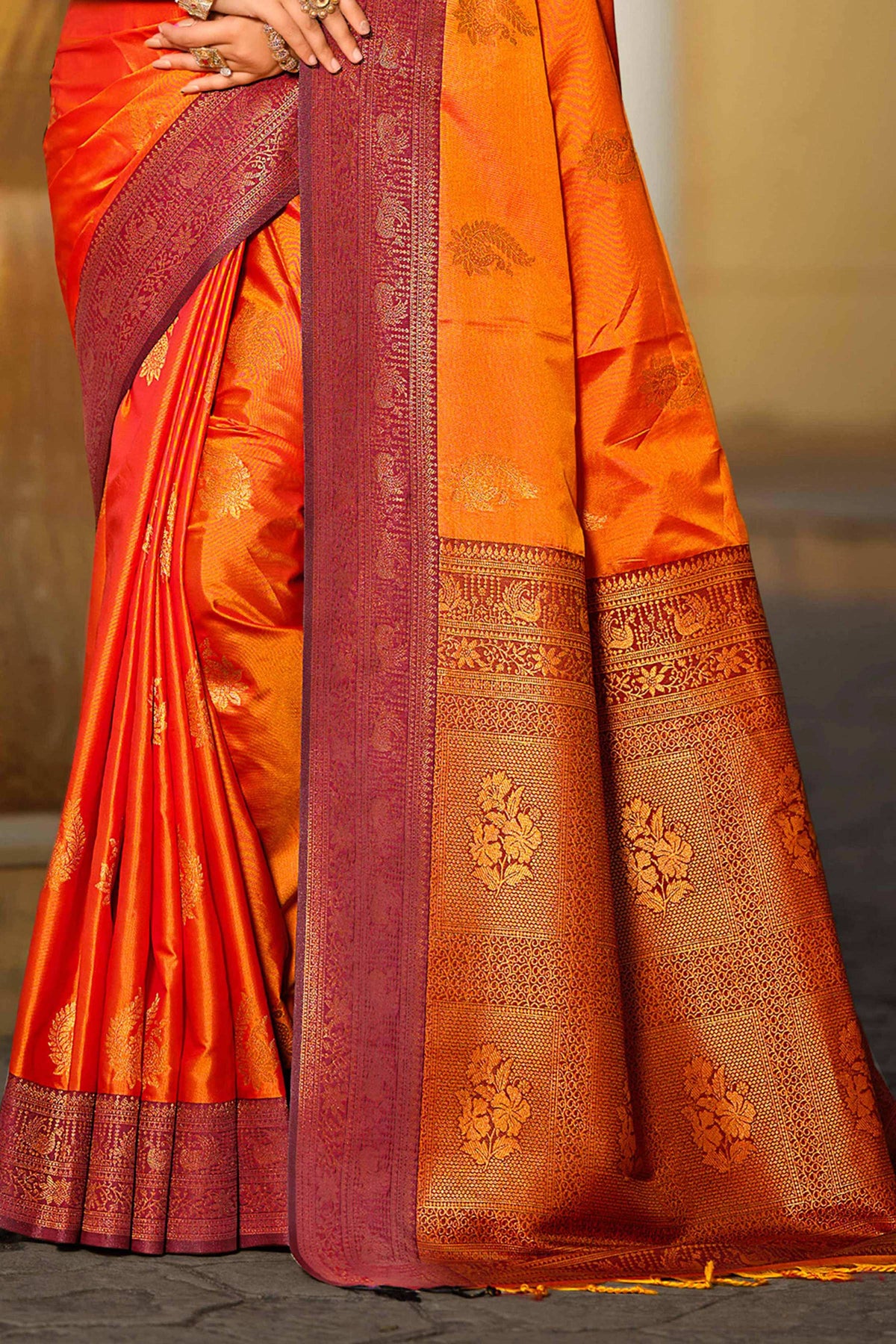 Sangam Prints Bright Orange Soft Silk Woven Work Traditional Saree - Dista