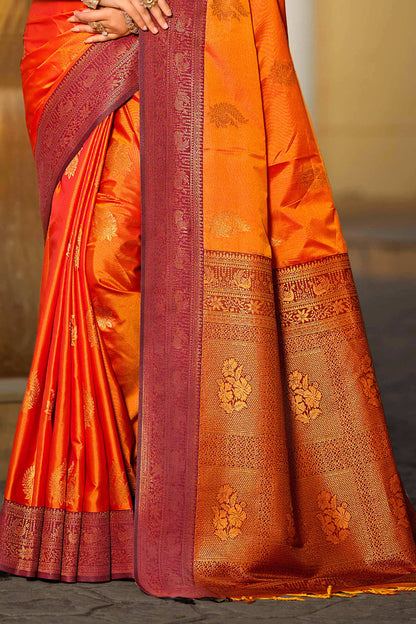 Sangam Prints Bright Orange Soft Silk Woven Work Traditional Saree - Dista