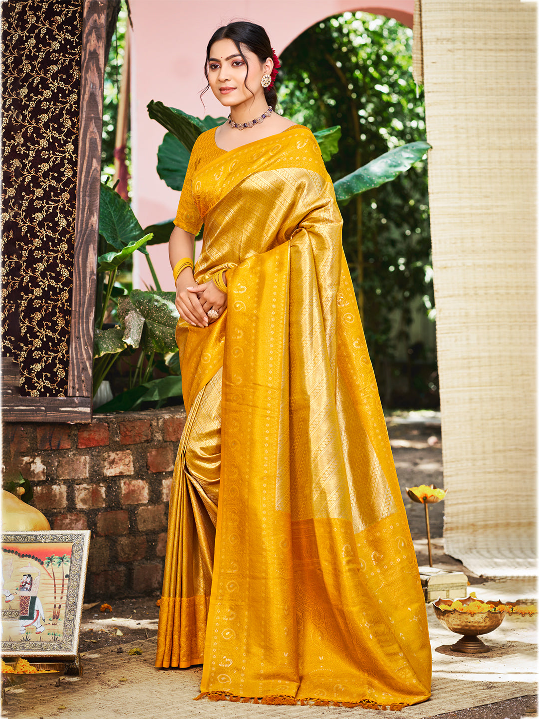 Sangam Prints Yellow Kanjivaram Silk Woven Work Traditional Saree