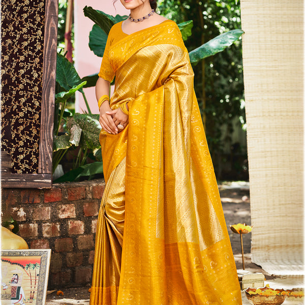 Sangam Prints Yellow Kanjivaram Silk Woven Work Traditional Saree - Distacart