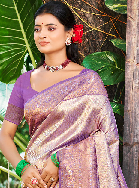 Sangam Prints Lavender  Kanjivaram Silk Woven Work Traditional Saree