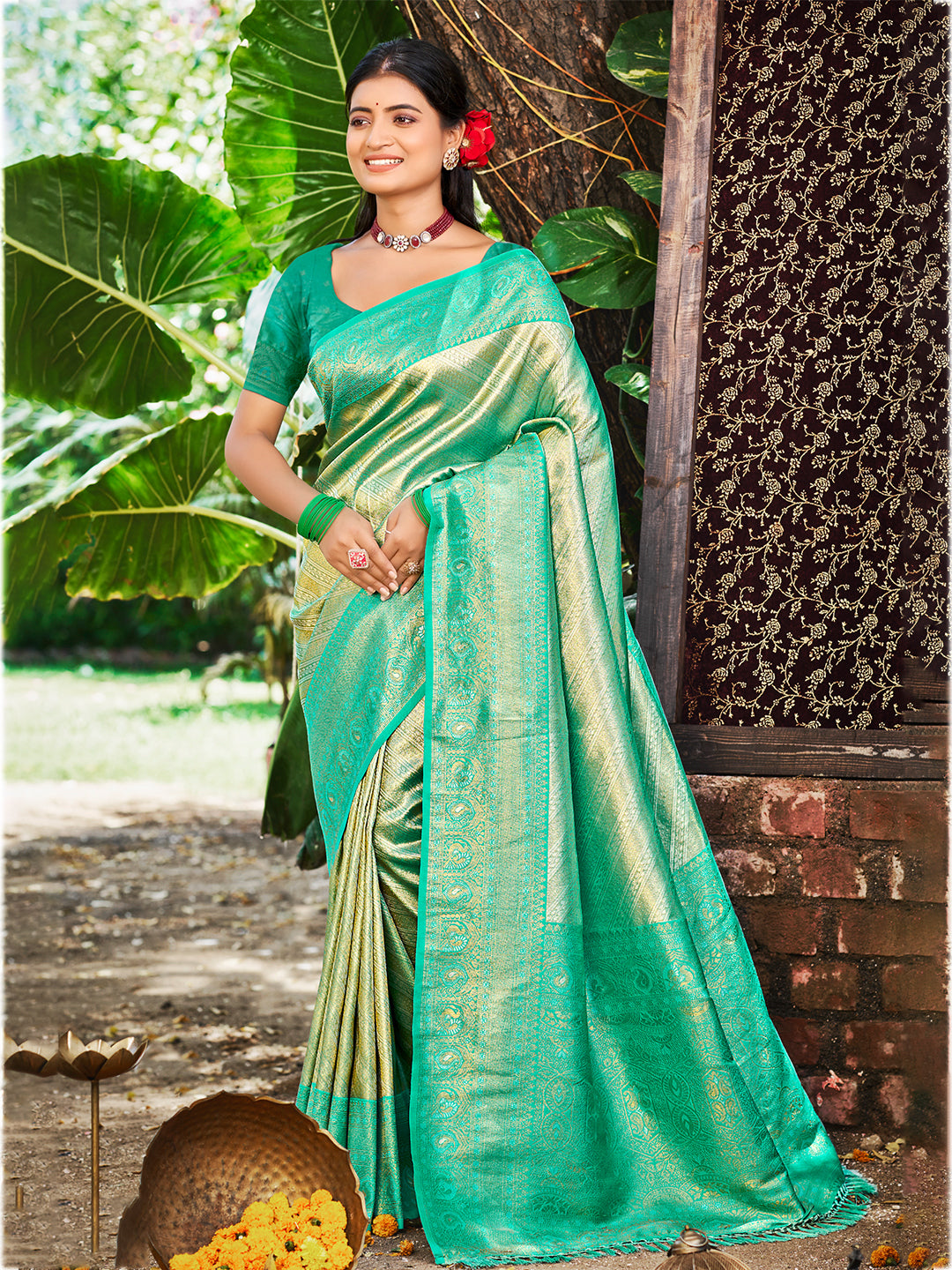 Sangam Prints Sea Green Kanjivaram Silk Woven Work Traditional Saree