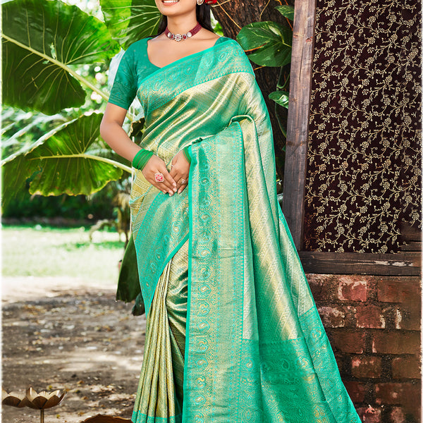 Sangam Prints Sea Green Kanjivaram Silk Woven Work Traditional Saree - Distacart