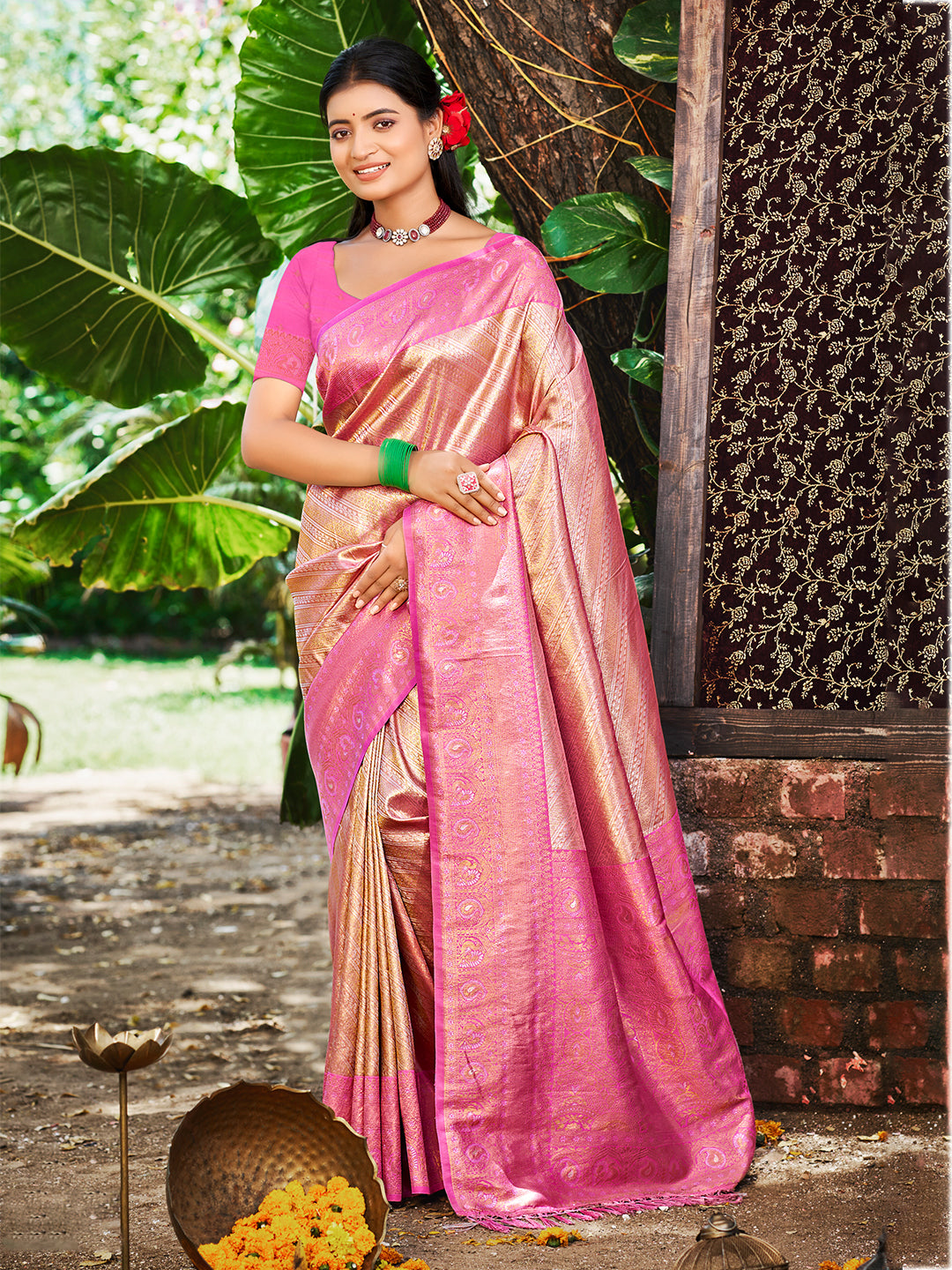 Sangam Prints Rani Pink Kanjivaram Silk Woven Work Traditional Saree
