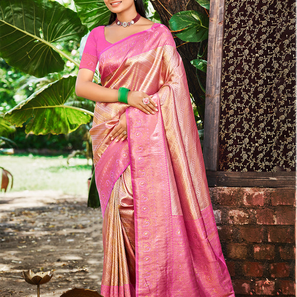 Sangam Prints Rani Pink Kanjivaram Silk Woven Work Traditional Saree - Distacart