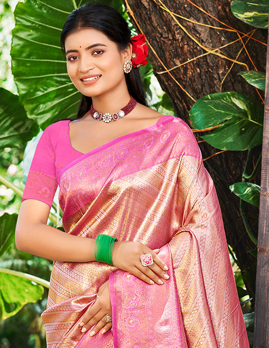 Sangam Prints Rani Pink Kanjivaram Silk Woven Work Traditional Saree