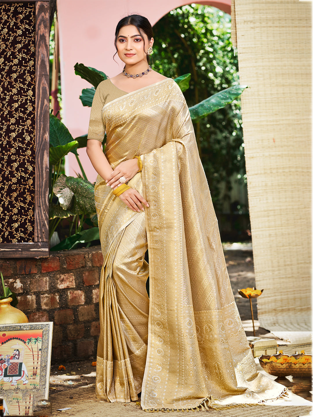 Sangam Prints Beige Kanjivaram Silk Woven Work Traditional Saree