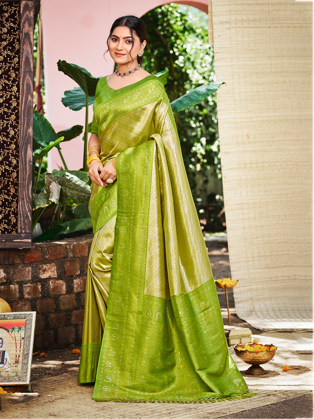 Sangam Prints Green And Gold Kanjivaram Silk Woven Work Traditional Saree