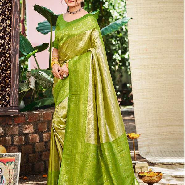 Sangam Prints Green And Gold Kanjivaram Silk Woven Work Traditional Saree - Distacart