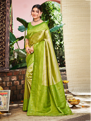Sangam Prints Green And Gold Kanjivaram Silk Woven Work Traditional Saree