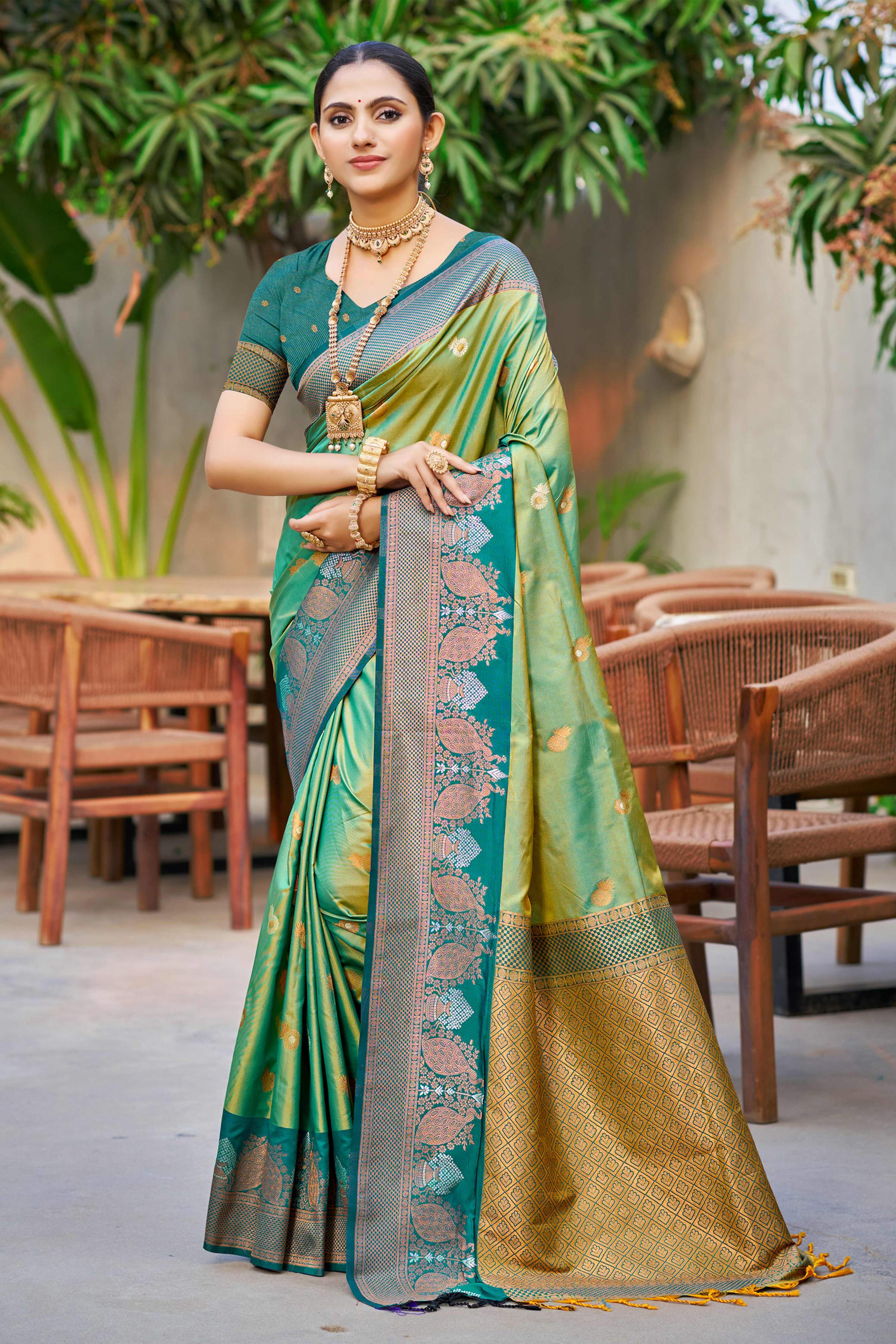 Sangam Prints Parrot Green Soft Silk Woven Work Traditional Saree - Dista
