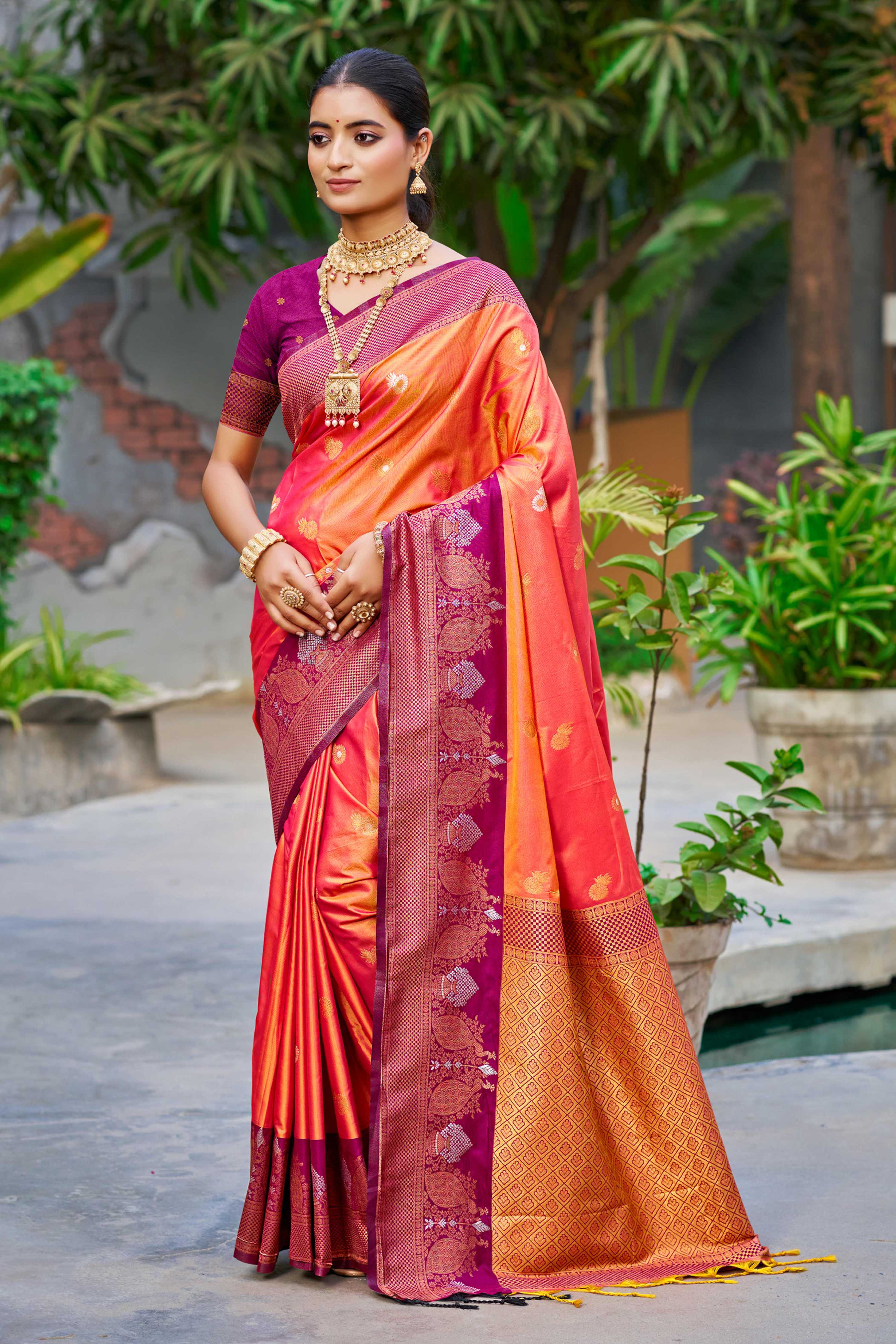 Sangam Prints Coral Orange Soft Silk Woven Work Traditional Saree - Dista