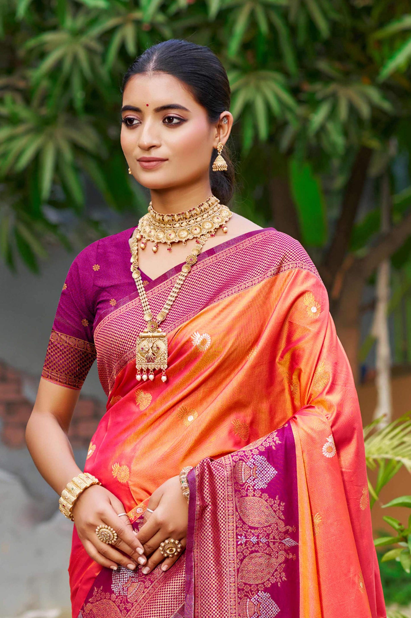 Sangam Prints Coral Orange Soft Silk Woven Work Traditional Saree - Dista