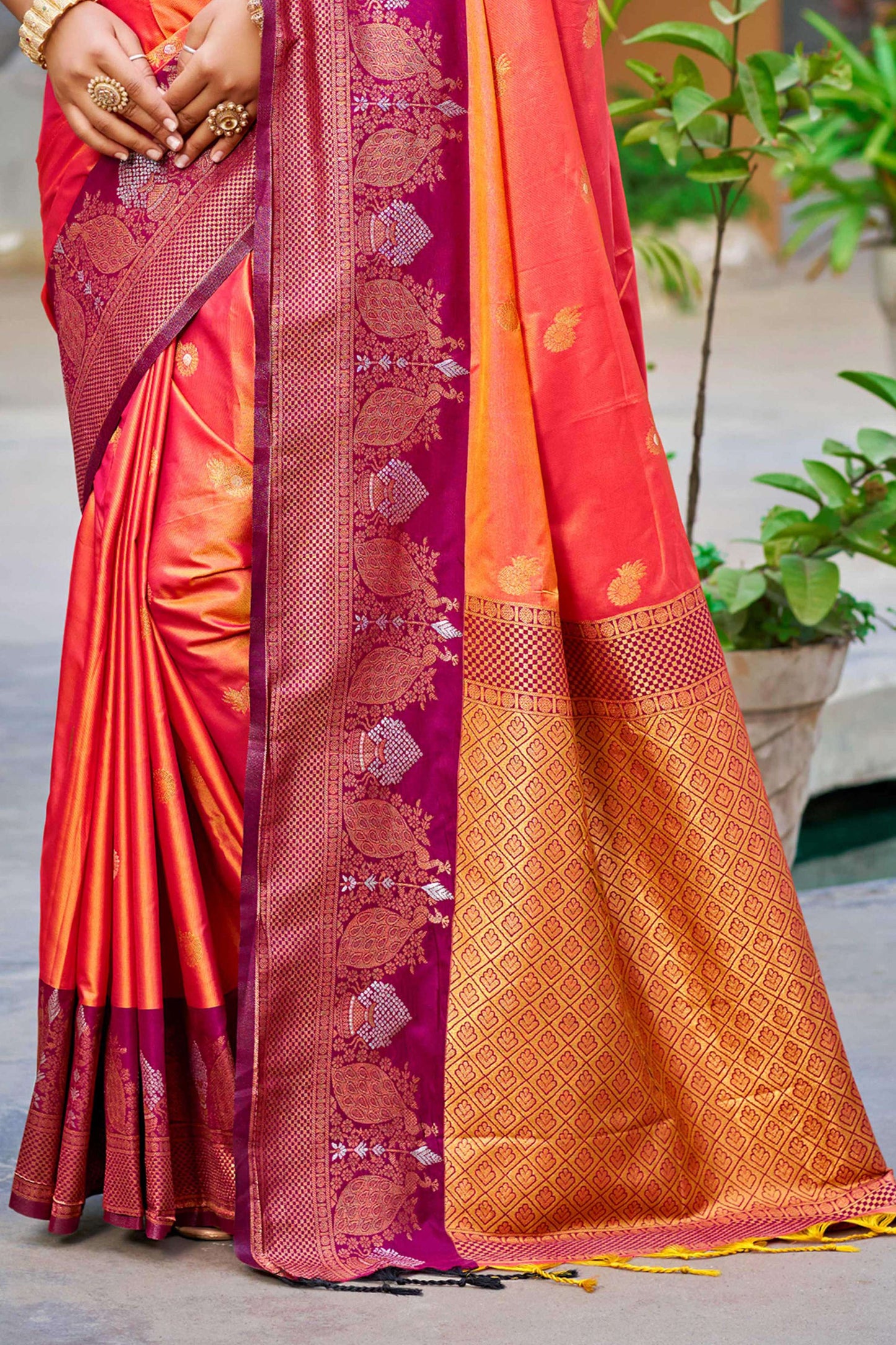 Sangam Prints Coral Orange Soft Silk Woven Work Traditional Saree - Dista