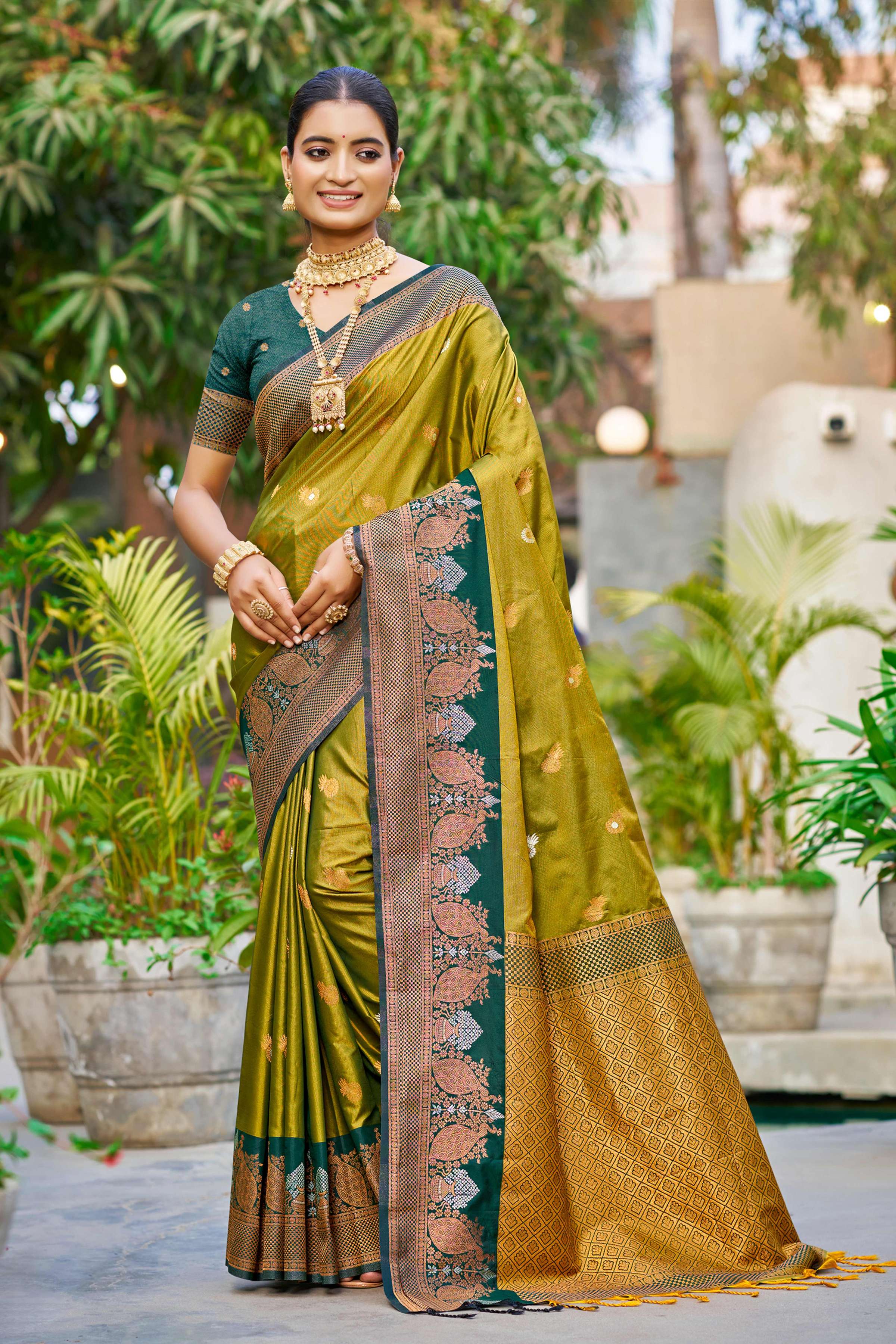 Sangam Prints Olive Green Soft Silk Woven Work Traditional Saree - Dista