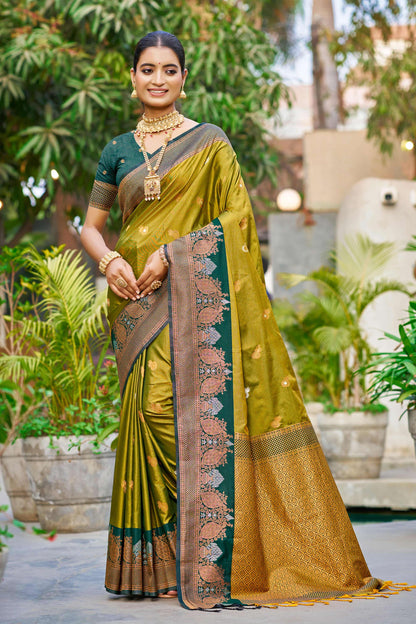 Sangam Prints Olive Green Soft Silk Woven Work Traditional Saree - Dista