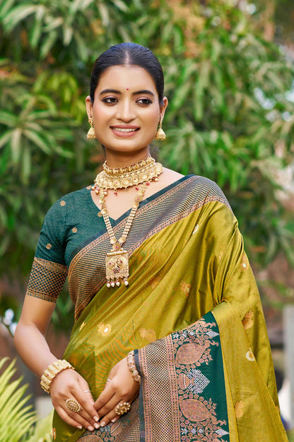 Sangam Prints Olive Green Soft Silk Woven Work Traditional Saree - Dista