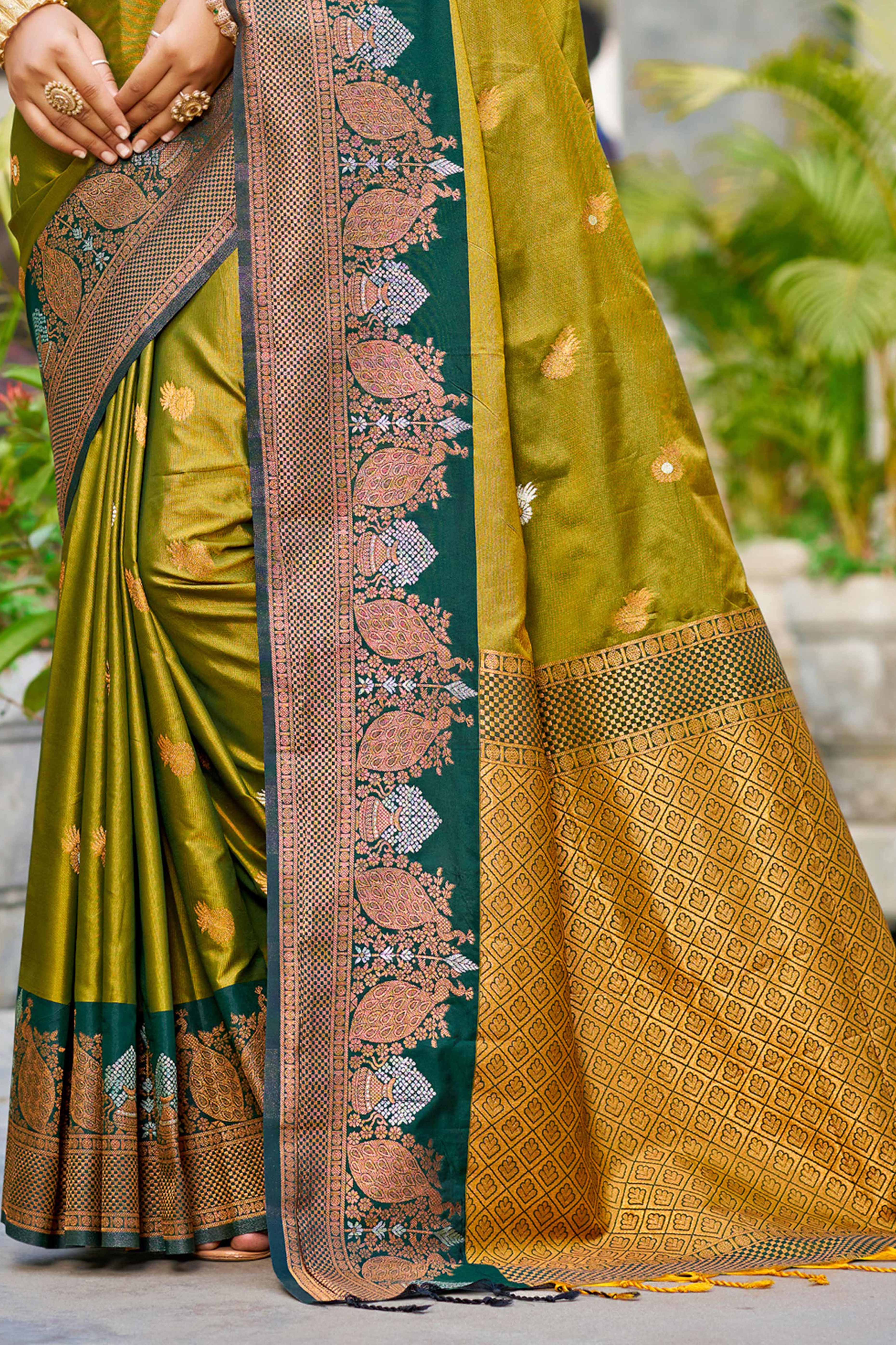 Sangam Prints Olive Green Soft Silk Woven Work Traditional Saree - Dista