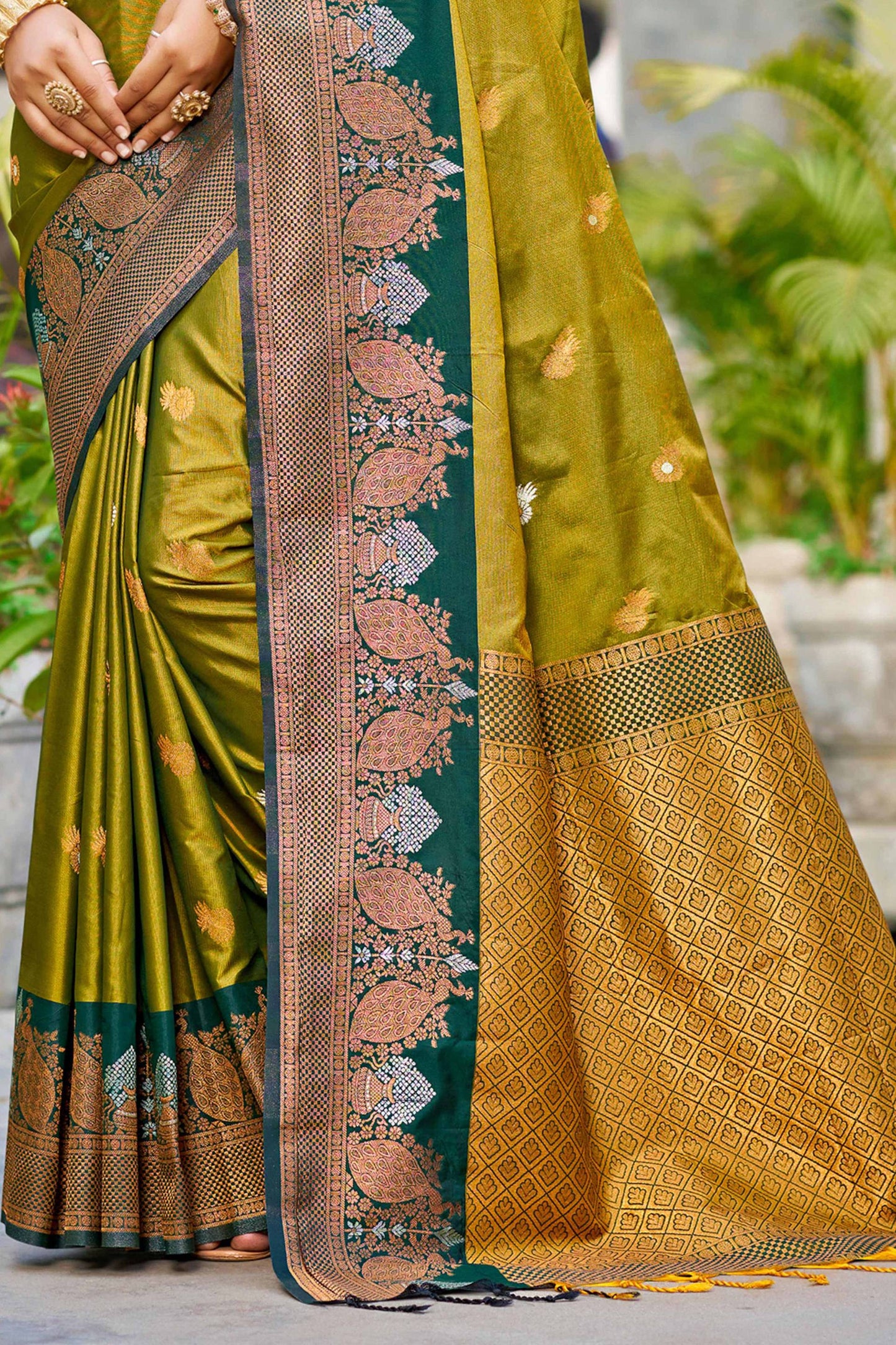 Sangam Prints Olive Green Soft Silk Woven Work Traditional Saree - Dista