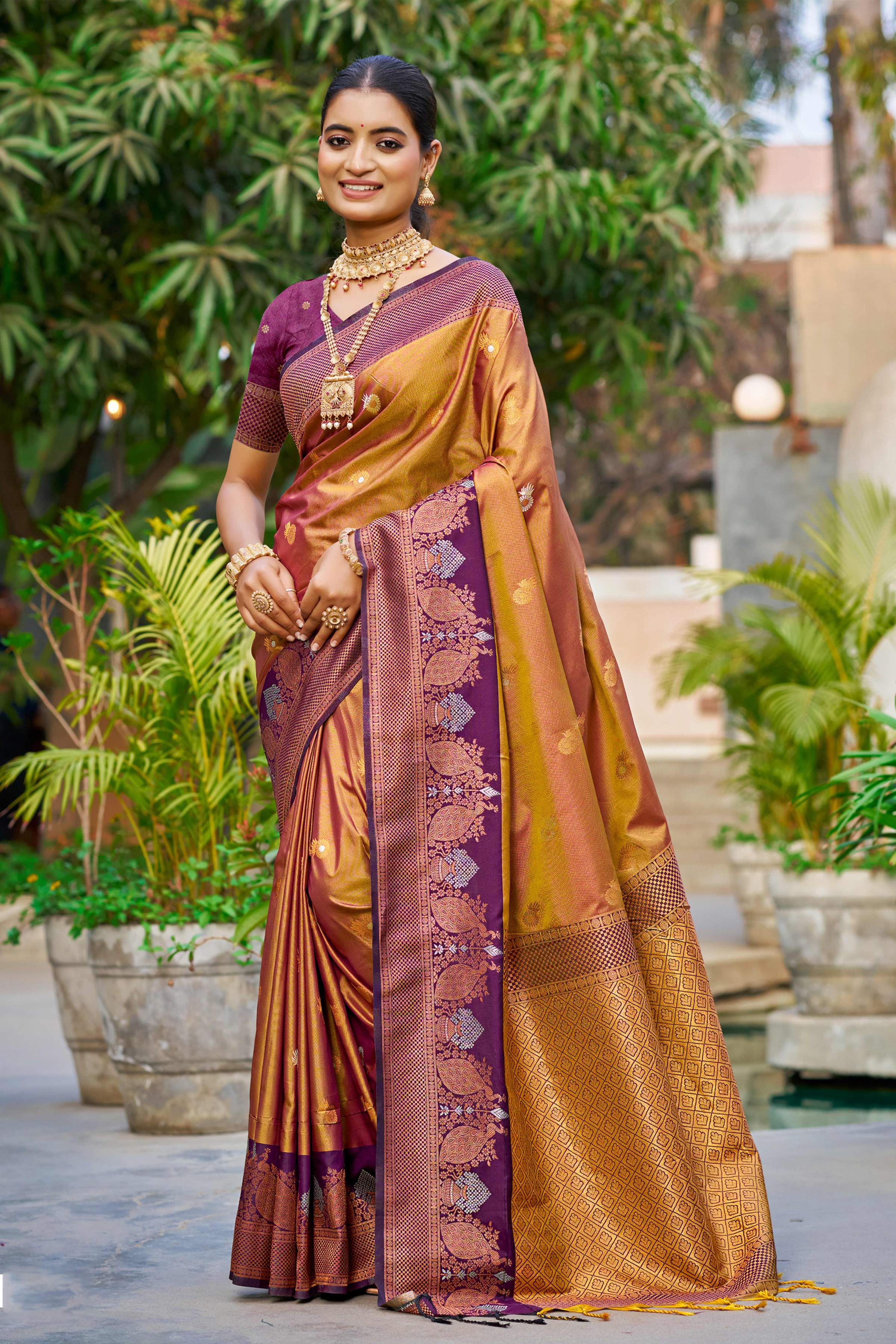 Sangam Prints Copper Gold Soft Silk Woven Work Traditional Saree - Dista