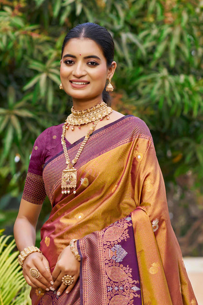 Sangam Prints Copper Gold Soft Silk Woven Work Traditional Saree - Dista