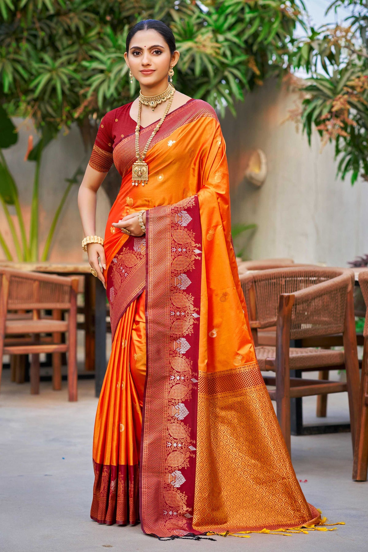 Sangam Prints Saffron Orange Soft Silk Woven Work Traditional Saree - Dista