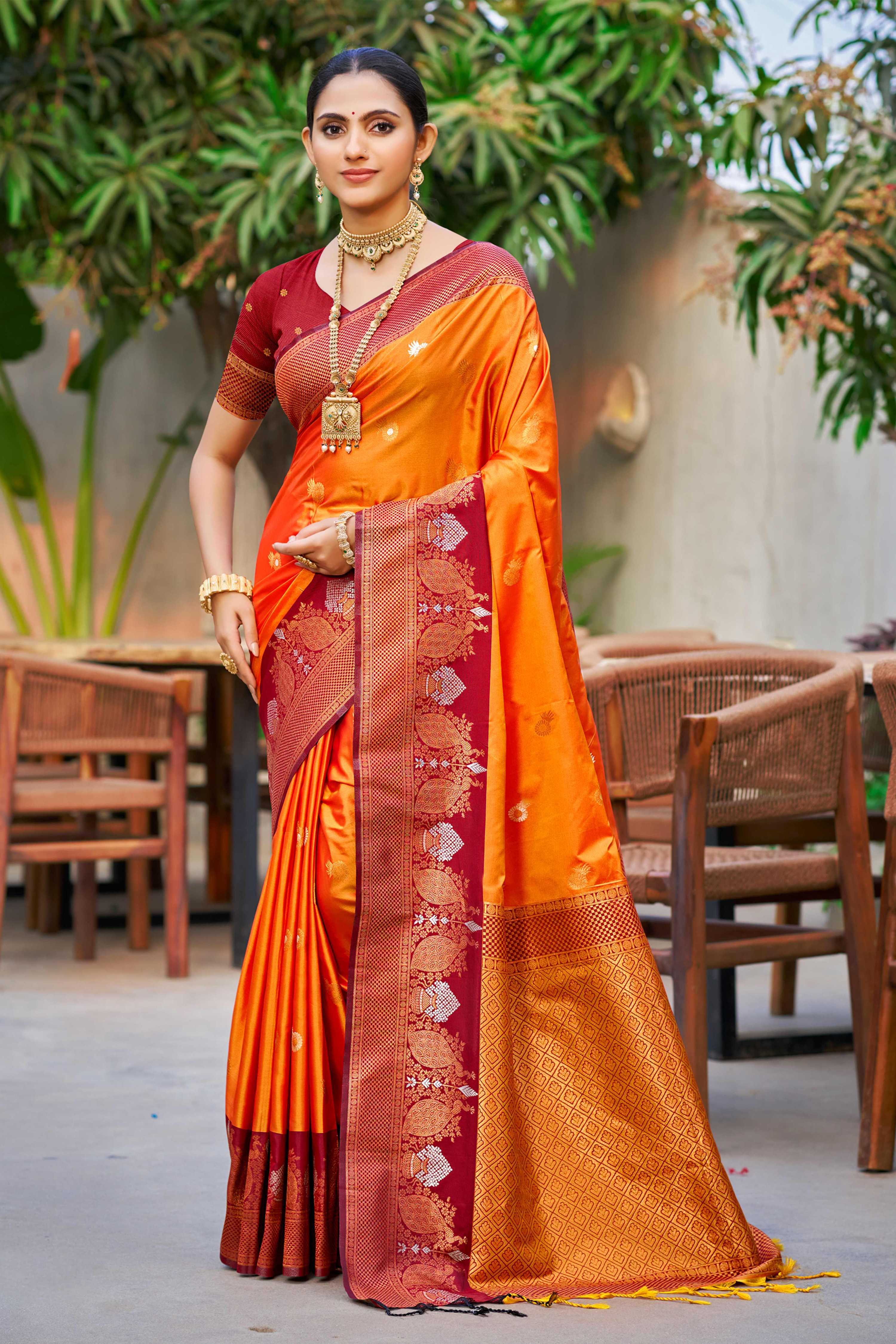 Sangam Prints Saffron Orange Soft Silk Woven Work Traditional Saree - Dista