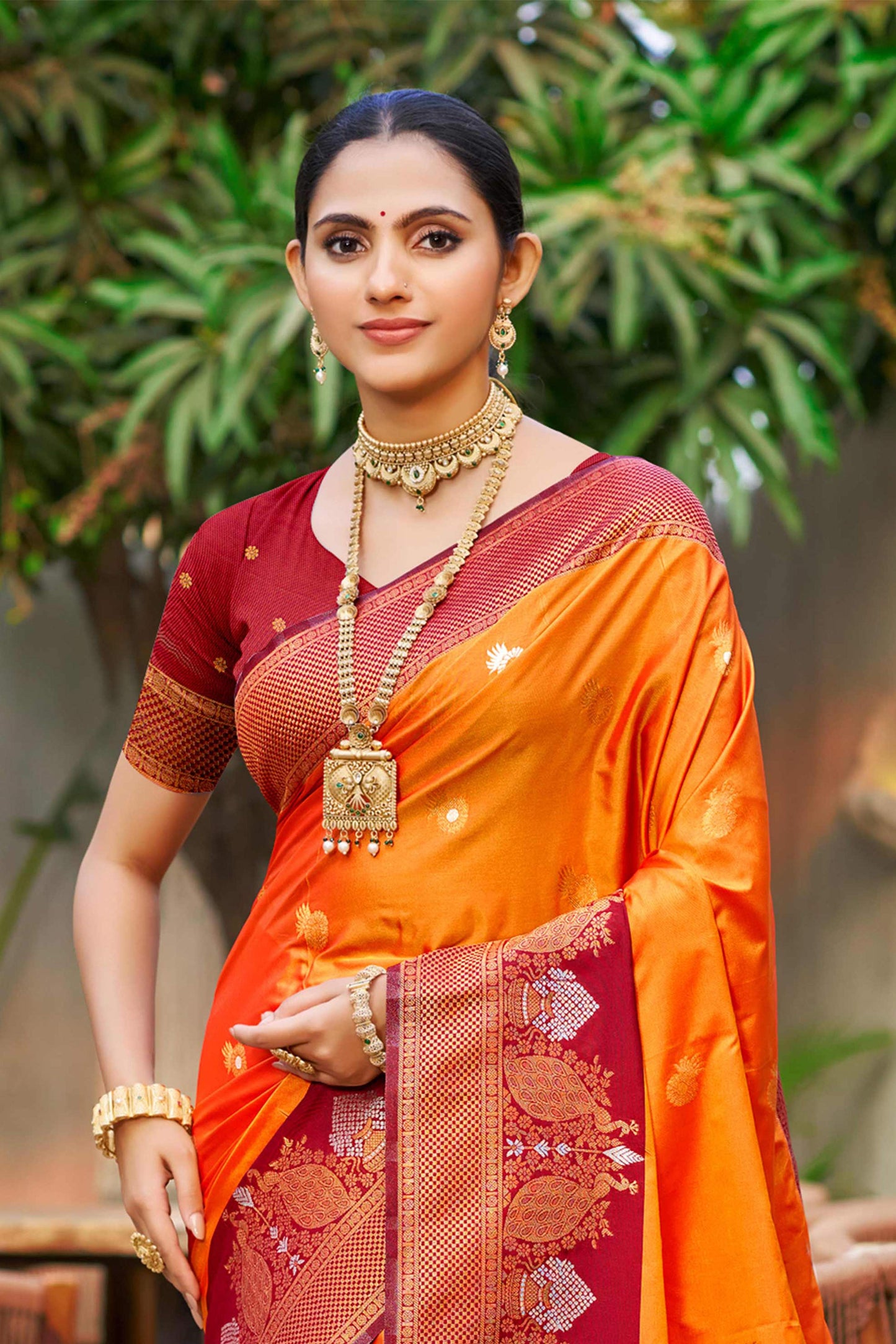 Sangam Prints Saffron Orange Soft Silk Woven Work Traditional Saree - Dista
