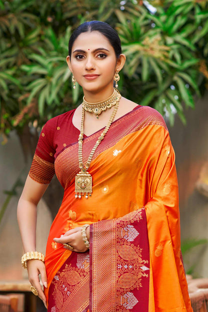 Sangam Prints Saffron Orange Soft Silk Woven Work Traditional Saree - Dista