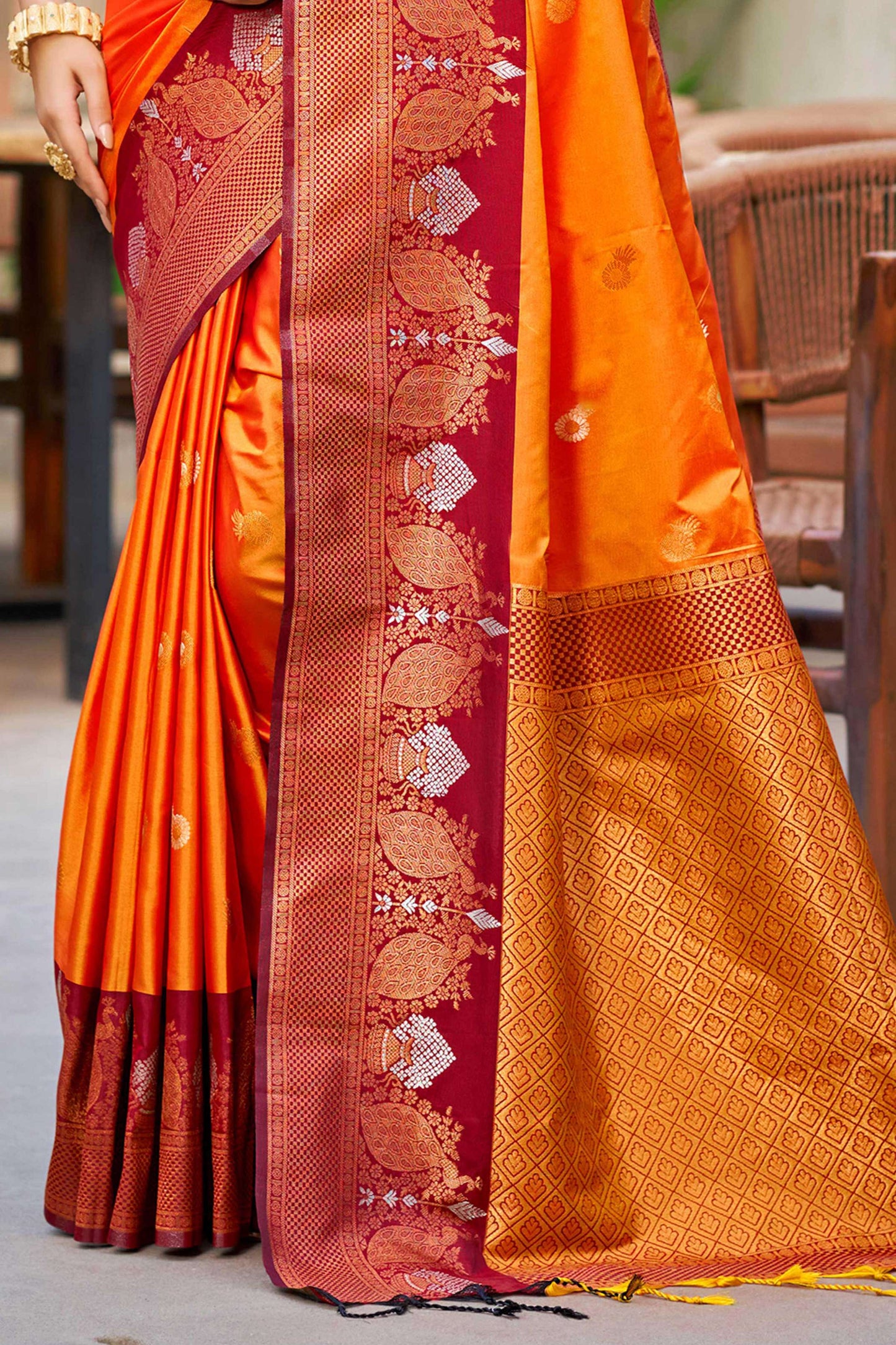 Sangam Prints Saffron Orange Soft Silk Woven Work Traditional Saree - Dista