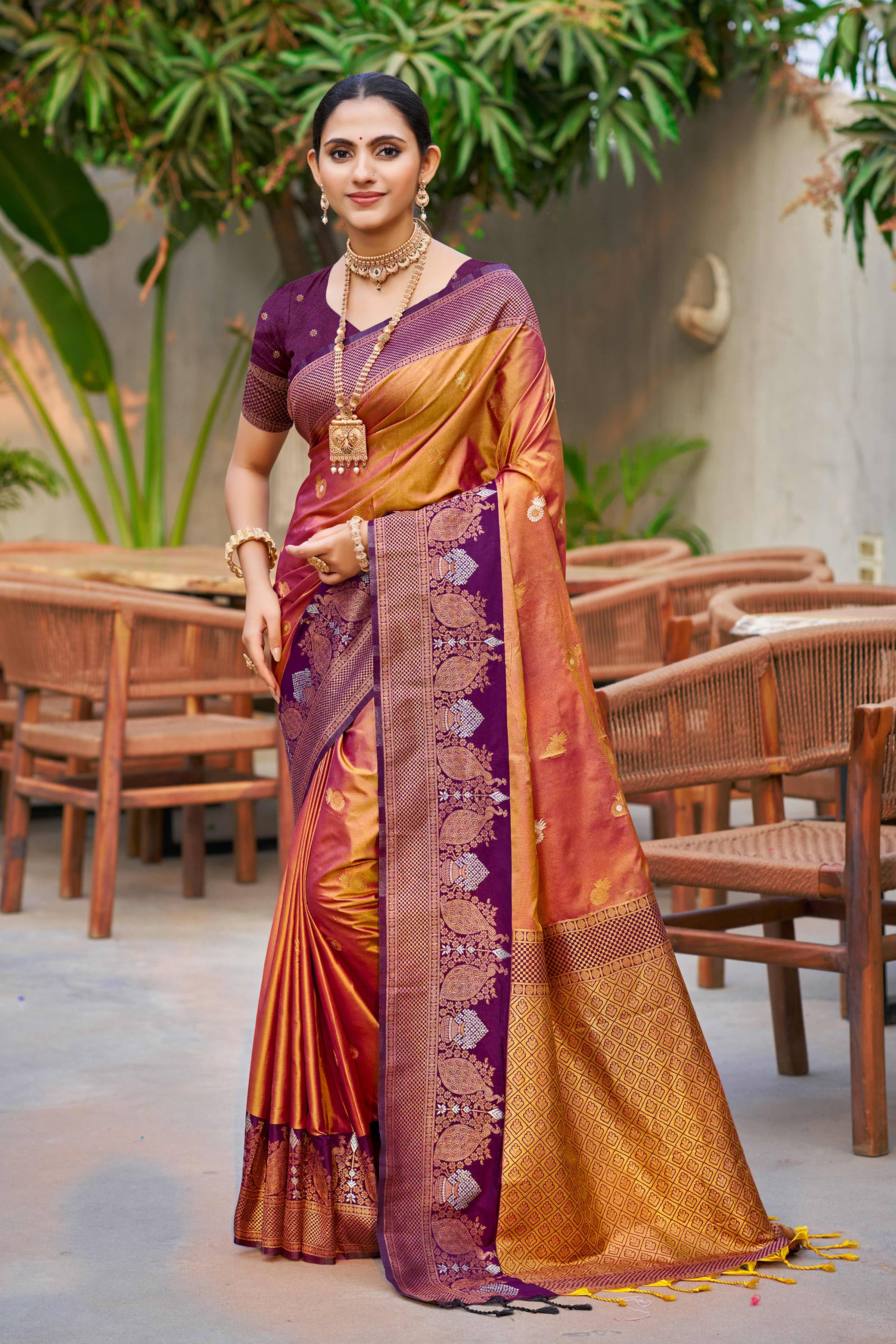 Sangam Prints Copper Gold Soft Silk Woven Work Traditional Saree - Dista