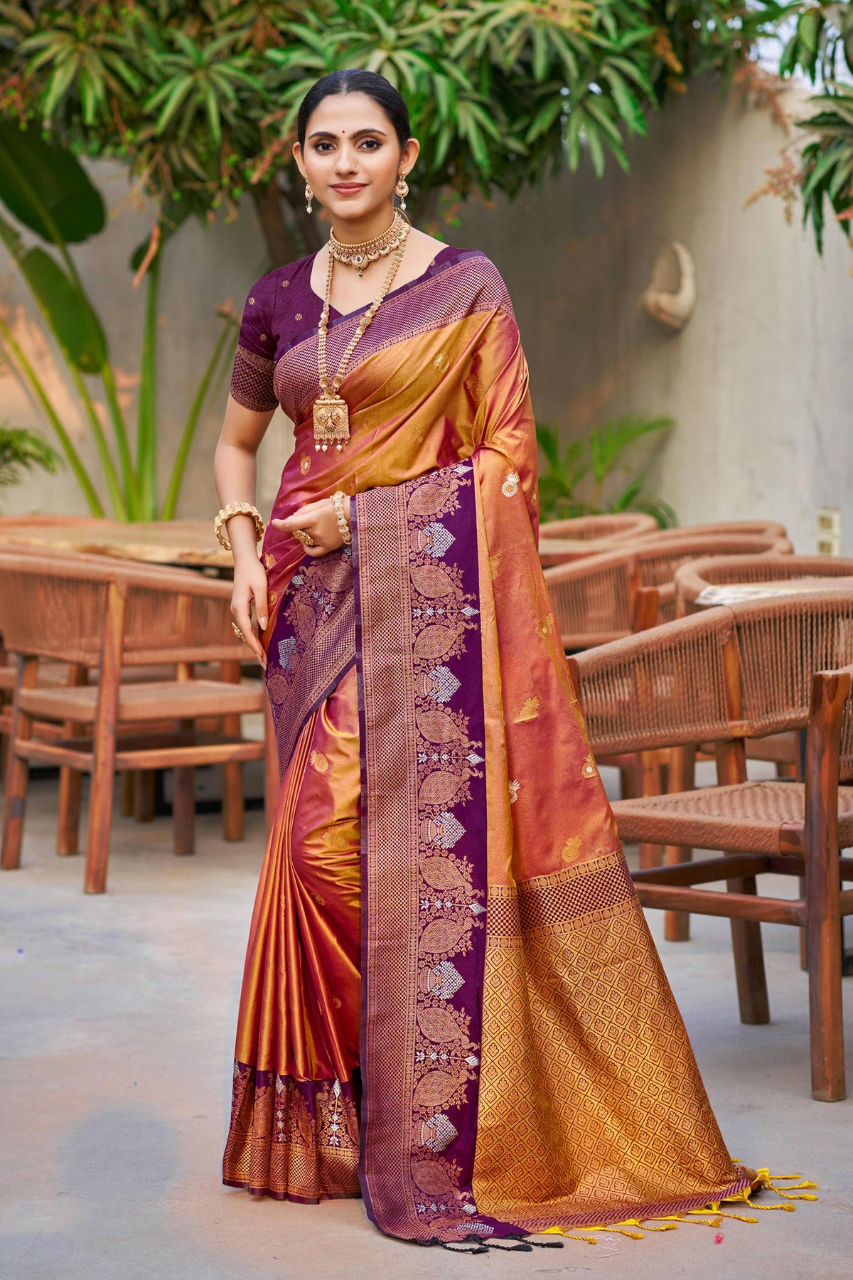Sangam Prints Copper Gold Soft Silk Woven Work Traditional Saree - Dista