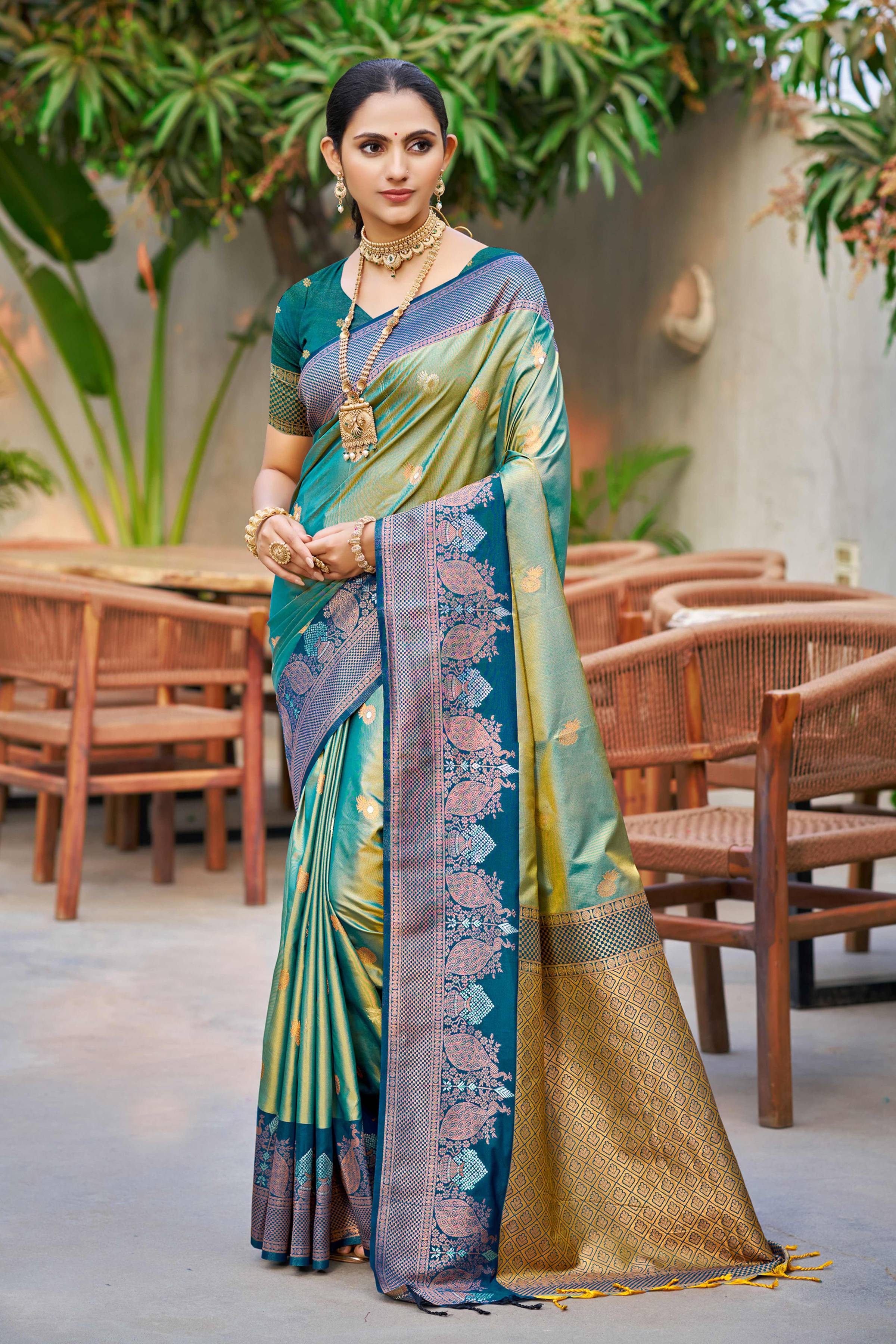 Sangam Prints Sea Green Soft Silk Woven Work Traditional Saree - Dista