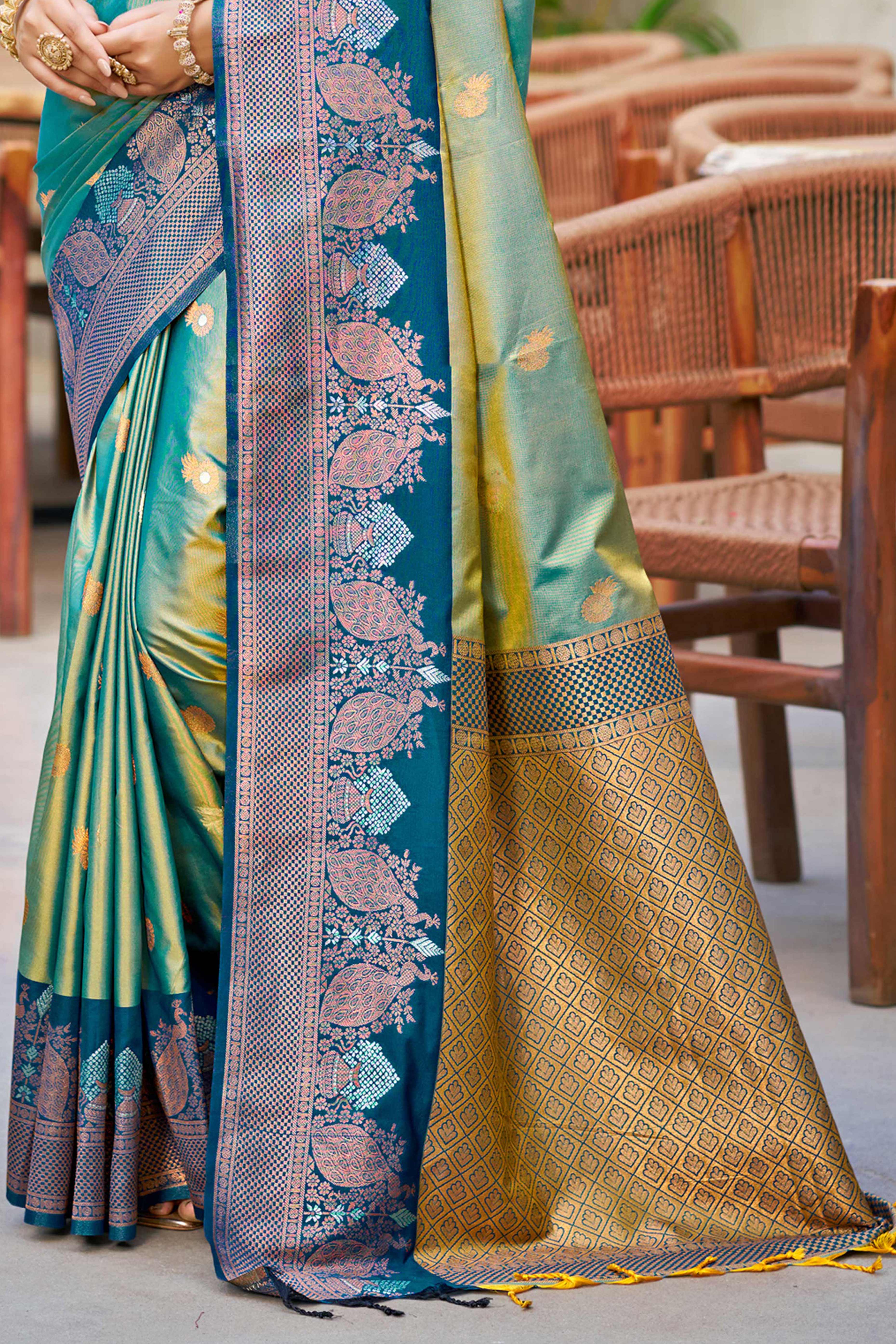 Sangam Prints Sea Green Soft Silk Woven Work Traditional Saree - Dista
