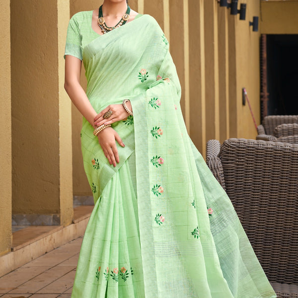 Prazu Fashion Mint Green Linen Cotton Weaving Wedding Wear Saree