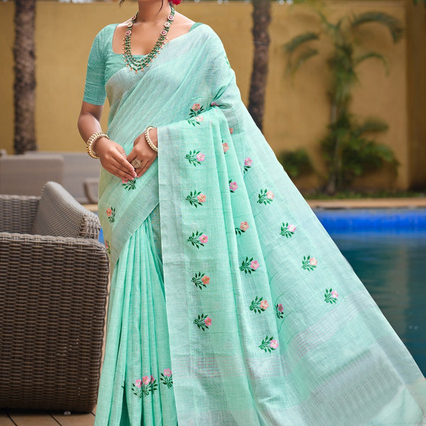 Prazu Fashion Light Sky Blue Linen Cotton Weaving Wedding Wear Saree