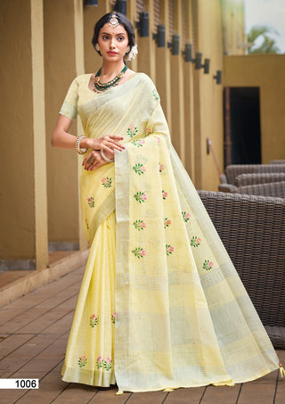 Prazu Fashion Light Yellow Linen Cotton Weaving Wedding Wear Saree