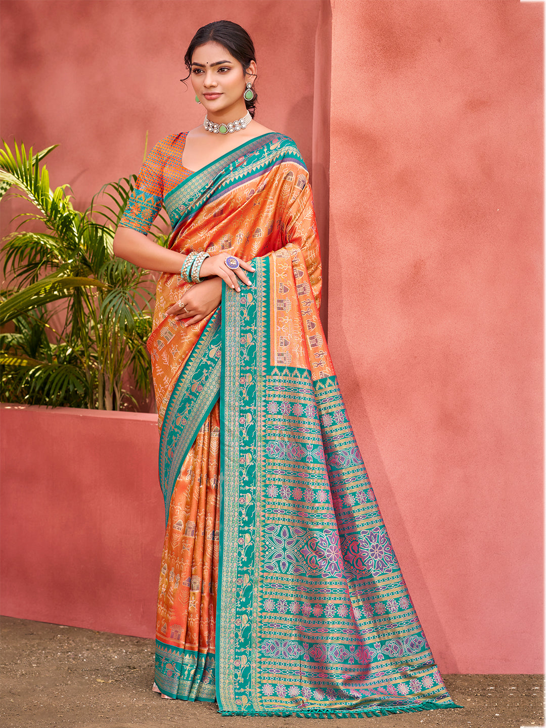Sangam Prints Light Orange Kanjivaram Silk Woven Work Traditional Saree