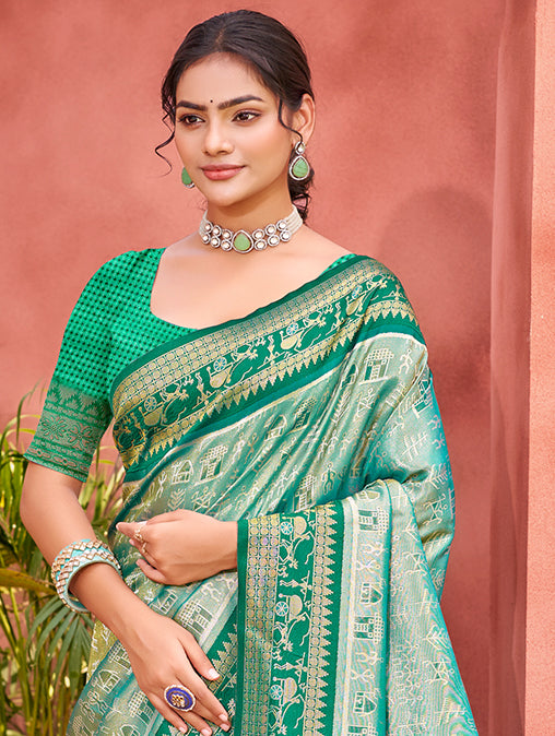 Sangam Prints Teal  Kanjivaram Silk Woven Work Traditional Saree