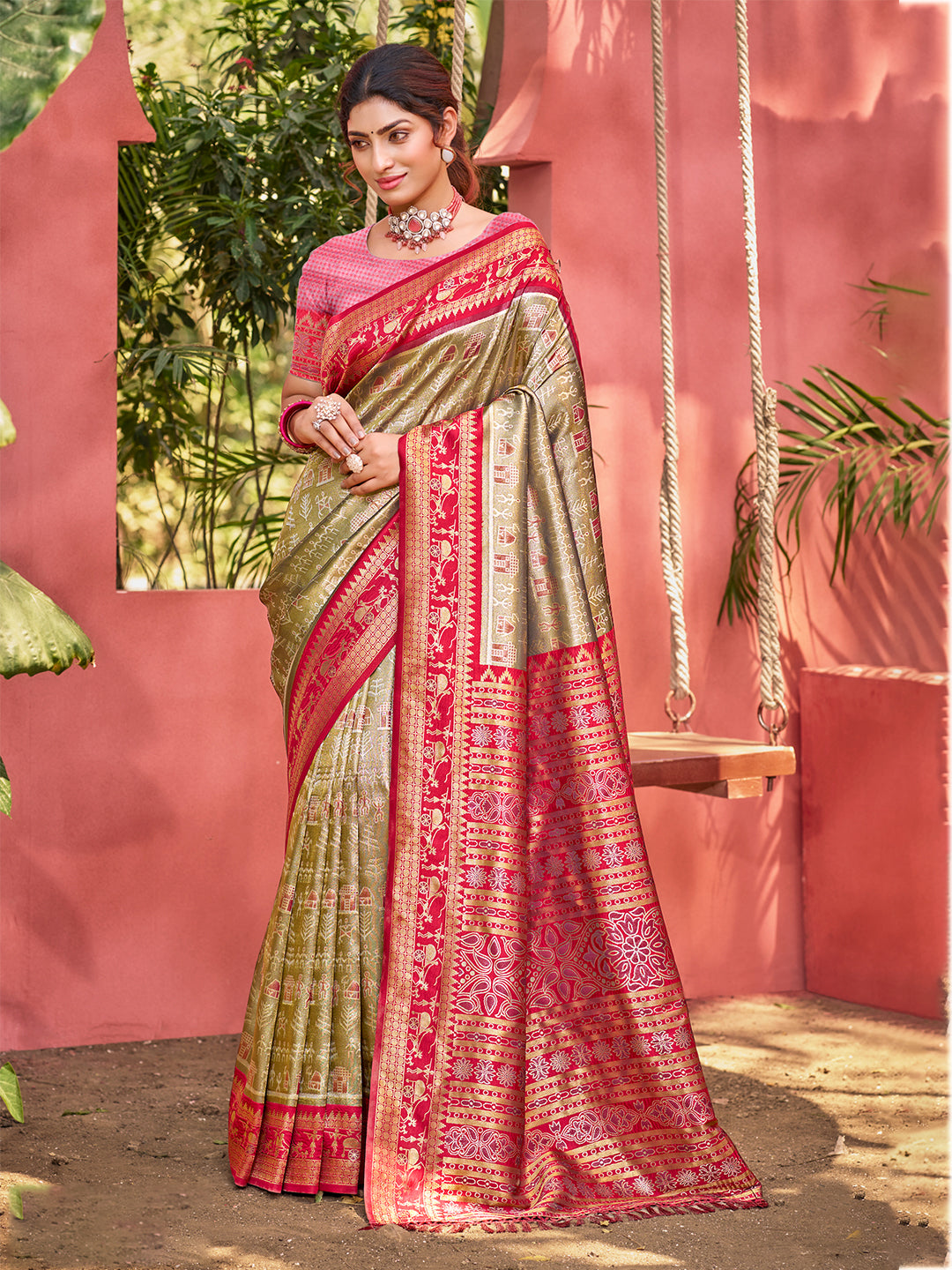 Sangam Prints Olive Green Kanjivaram Silk Woven Work Traditional Saree