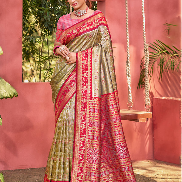 Sangam Prints Olive Green Kanjivaram Silk Woven Work Traditional Saree - Distacart