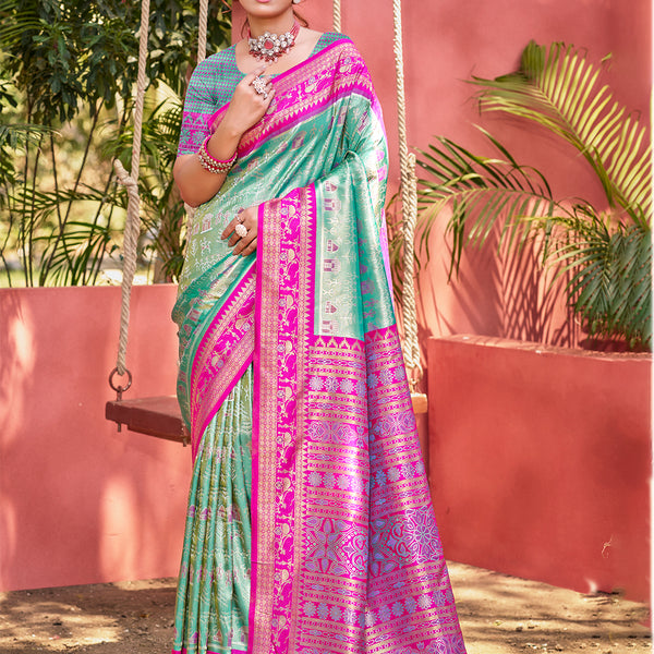 Sangam Prints Sea Green Kanjivaram Silk Woven Work Traditional Saree - Distacart