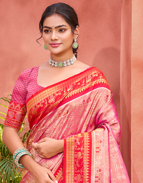 Sangam Prints Pink Kanjivaram Silk Woven Work Traditional Saree