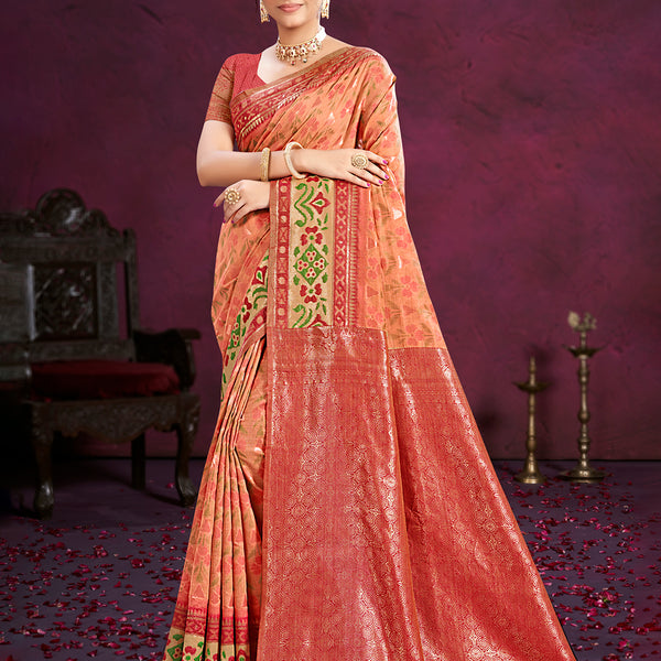 Sangam Prints Dark Peach Cotton Silk With Meena Woven Work Traditional Saree