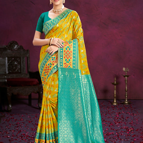 Sangam Prints Yellow Cotton Silk With Meena Woven Work Traditional Saree