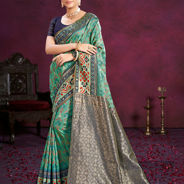 Sangam Prints Teal Green Cotton Silk With Meena Woven Work Traditional Saree