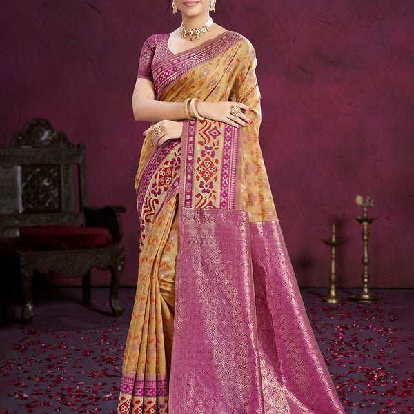 Sangam Prints Beige Cotton Silk With Meena Woven Work Traditional Saree