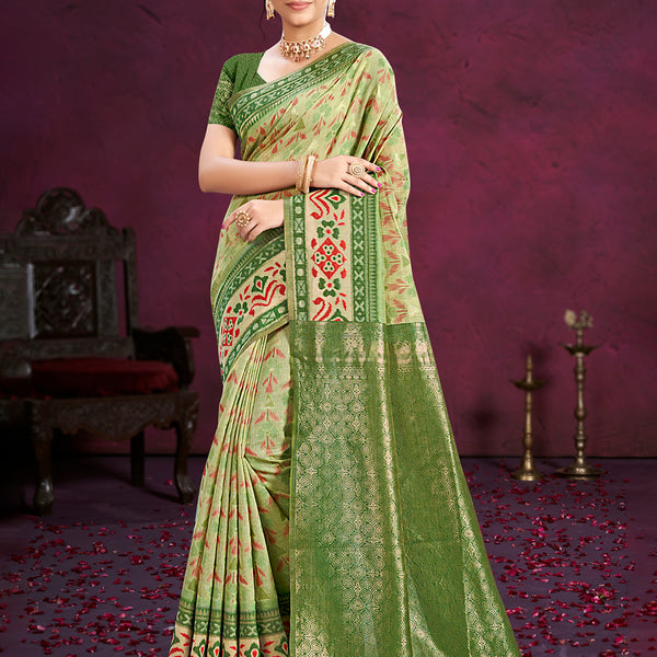 Sangam Prints Light Green Cotton Silk With Meena Woven Work Traditional Saree