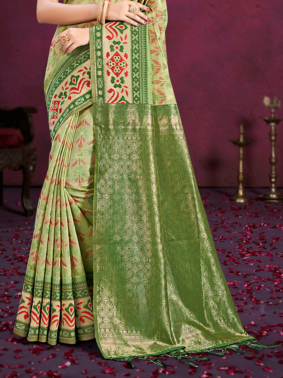 Sangam Prints Light Green Cotton Silk With Meena Woven Work Traditional Saree