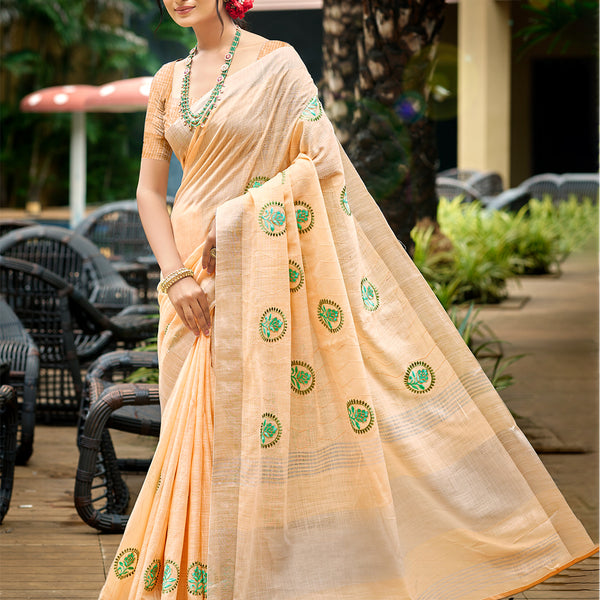 Sangam Prints Peach Linen Woven Work Traditional Saree